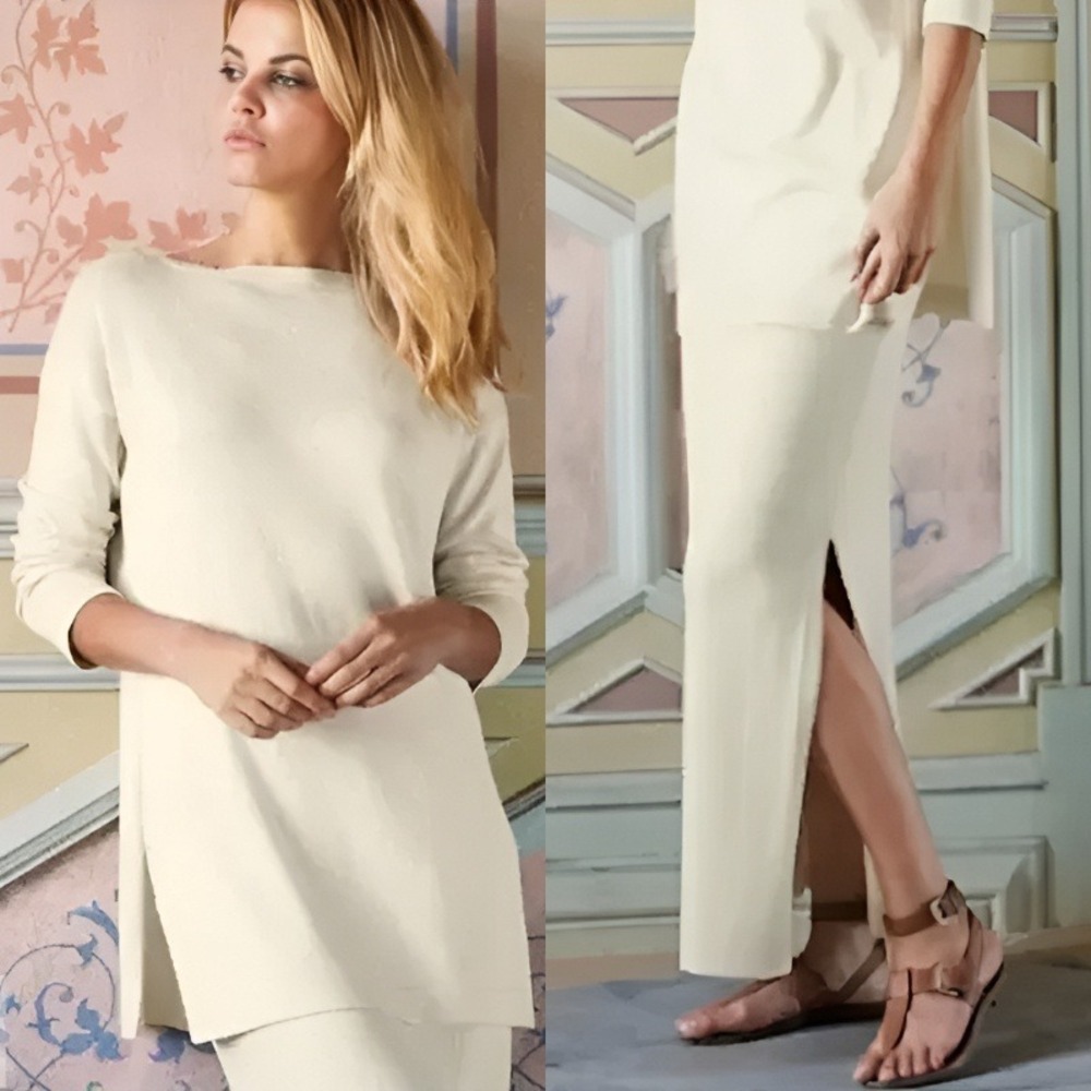 Peruvian Connections Cream Dorsay Sweater Tunic & Maxi Skirt Set Cotton Large